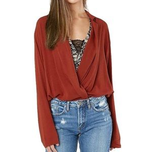 Free People Elsa Burgundy Long Sleeve Bodysuit